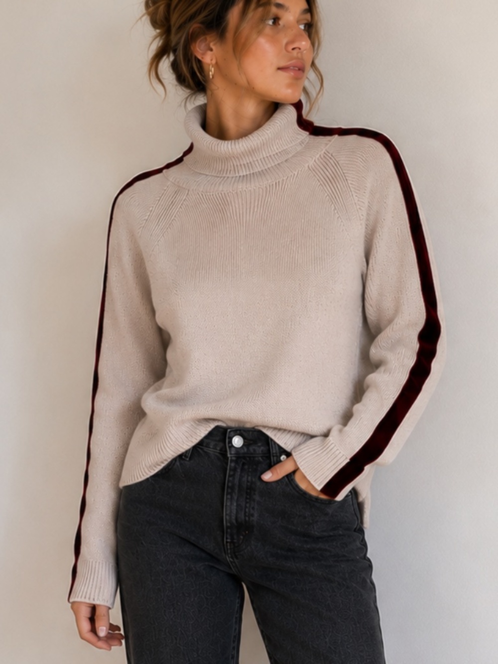 Margaret O'Leary Taupe Turtleneck Sweater Burgundy Velvet Stripe L